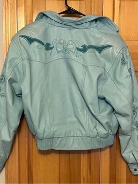 Mint Green Embroidered Leather Bomber Jacket